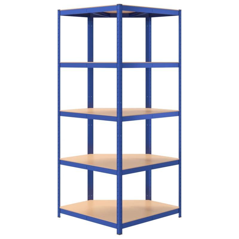Hoekrek – Opbergrek – Hoekplank – Boekenkast – Opbergkast – 5-laags – Blauw Staal en Engineered Wood