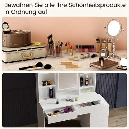 Vanity Desk – Make-up Tafel – Kaptafel – Schminktisch – Dressing Table – Verlichte Spiegel Met 3 Lichtstanden – 6 Laden Met 3 Opbergshelves – Wit – Gehard Glas