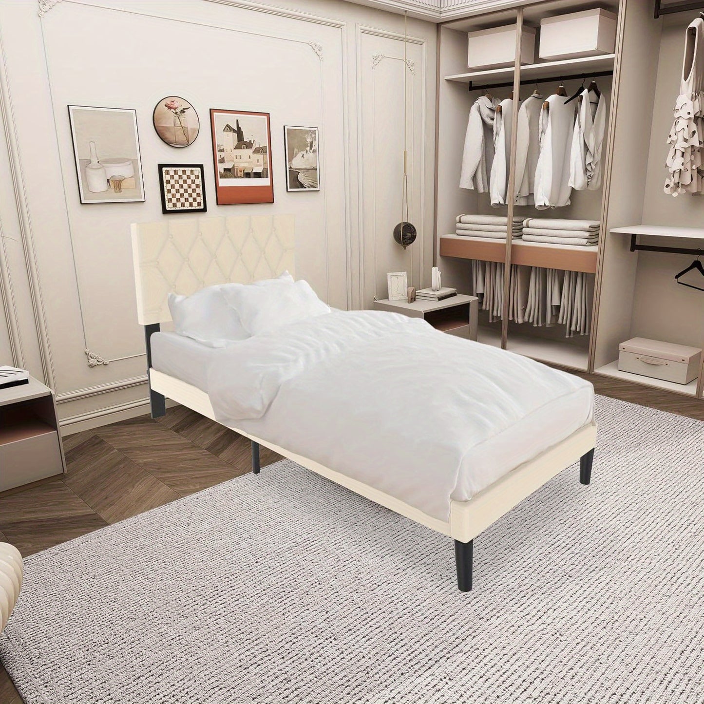 Bedframe – Logeerbed – Metalen Bed – Gestoffeerd Bed – Bedombouw – Faux Leder Hoofdbord – 12 Latten – Maximale Draagkracht 300 kg