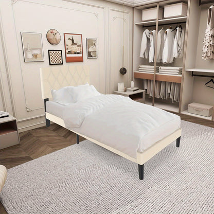 Bedframe – Metaalbed – Logeerbed – Tweepersoonsbed – Platformbed – Kunstleren Hoofdbord – 12 Lattenbodem – Max. Draagvermogen 300 kg