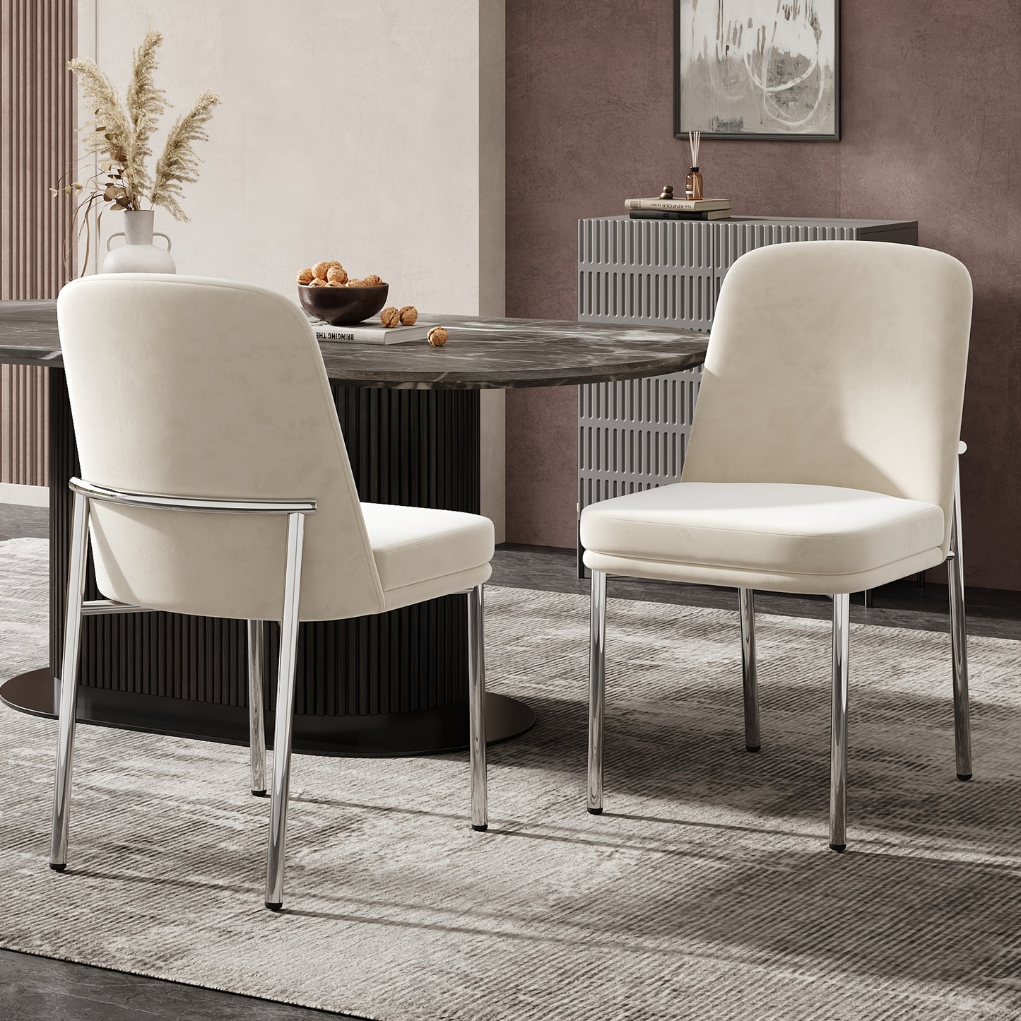 Eetkamerstoel – Stoel – Dining Chair – Caféstoel – Restaurantstoel – Set van 2 – Dikke Kussens met Katoenen Vulling – Stevige Zilverkleurige Metalen Poten