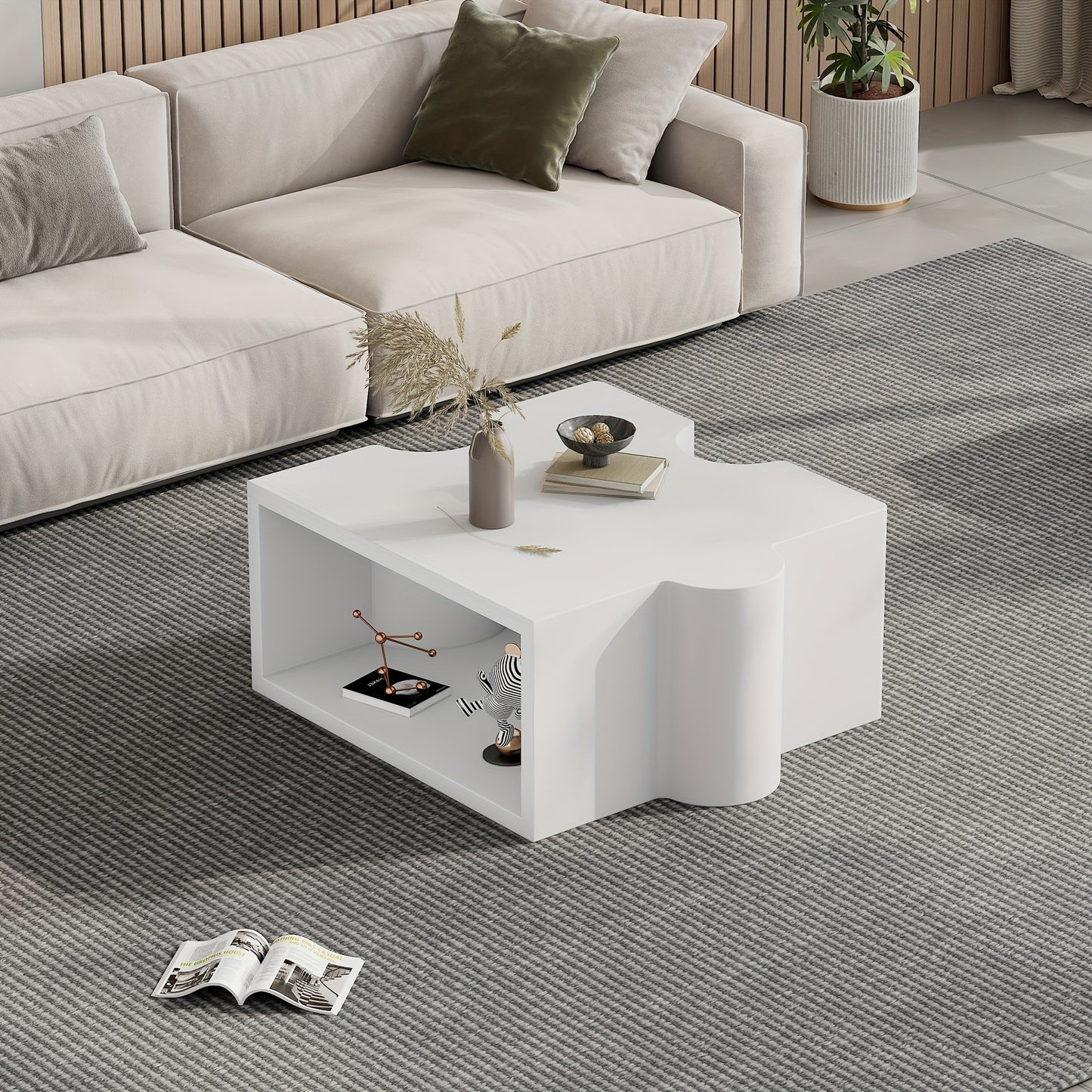 Salontafel – Koffietafel – Bijzettafel – Woonkamertafel – Tafeltje – Modern Wit Puzzelpatroon – Bamboe Tafelblad – Compact 65x65x32 cm