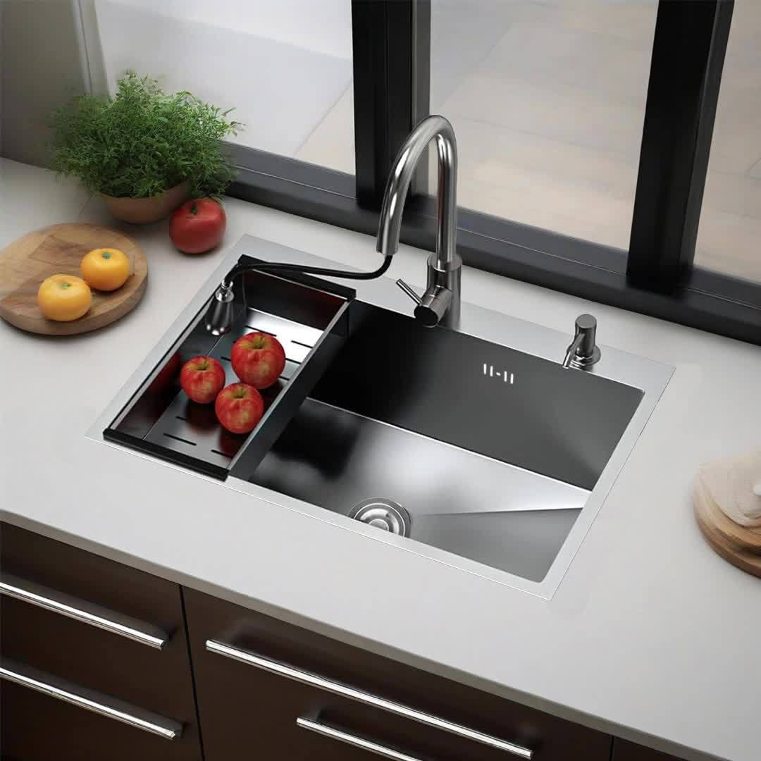Handmade stainless steel sink with pull-out faucet and drain basket in gray large capacity sink with soap dispenser and drainage kit,  Sleek Sink, Rectangular Sink, Highquality Sink, Undermount Sink