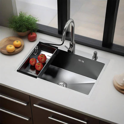 Handmade stainless steel sink with pull-out faucet and drain basket in gray large capacity sink with soap dispenser and drainage kit,  Sleek Sink, Rectangular Sink, Highquality Sink, Undermount Sink