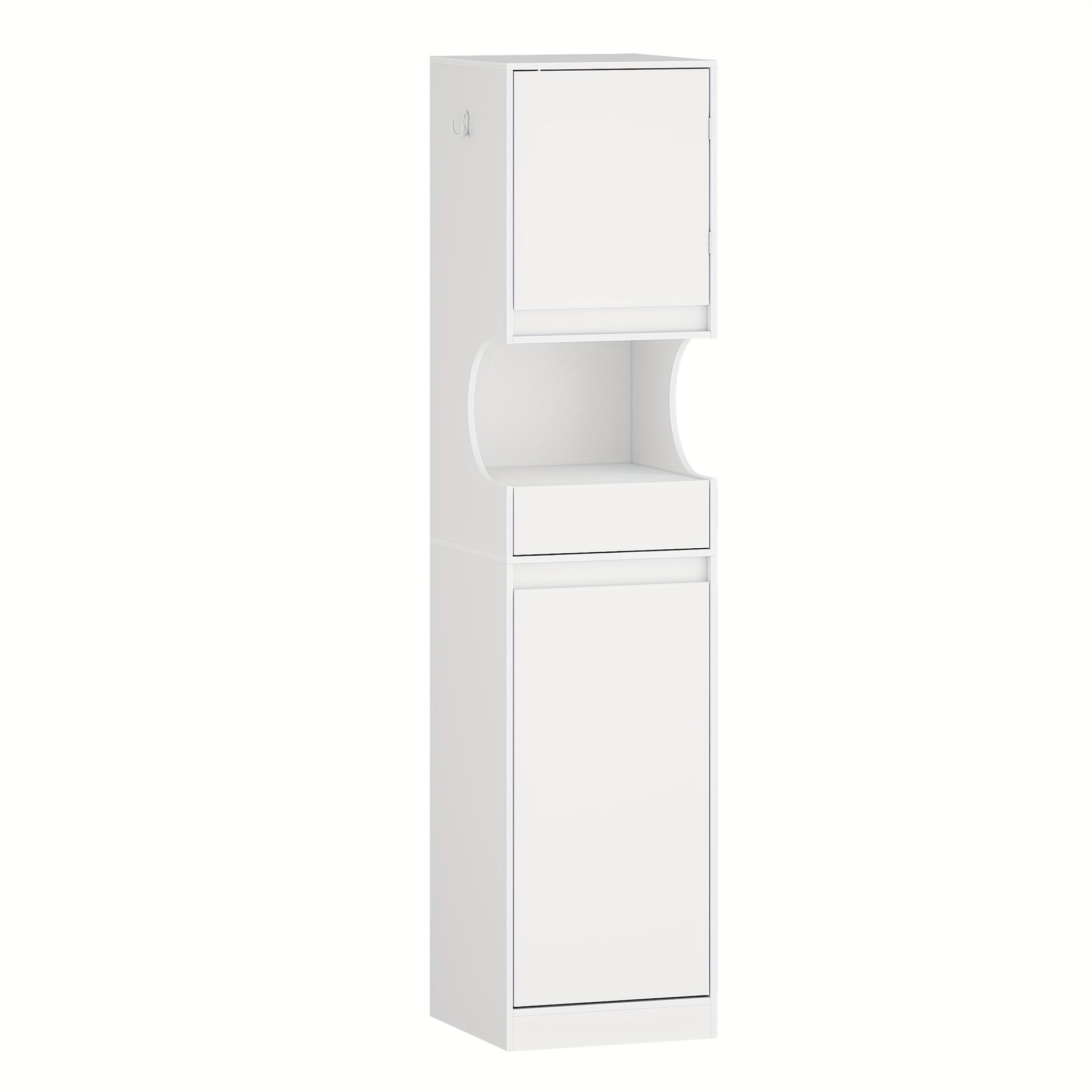 Tall White Bathroom Cabinet with Laundry Basket - Space-Saving Narrow Storage Unit, Adjustable Shelves & Sliding Doors/Drawer, Freestanding Cabinet for Small Bathrooms, -like Material, Removable Dirt-Resistant Laundry Bag (17 - QUORE