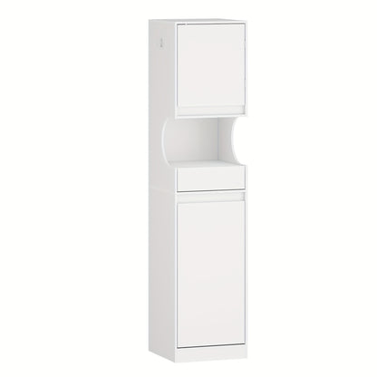 Tall White Bathroom Cabinet with Laundry Basket - Space-Saving Narrow Storage Unit, Adjustable Shelves & Sliding Doors/Drawer, Freestanding Cabinet for Small Bathrooms, -like Material, Removable Dirt-Resistant Laundry Bag (17 - QUORE
