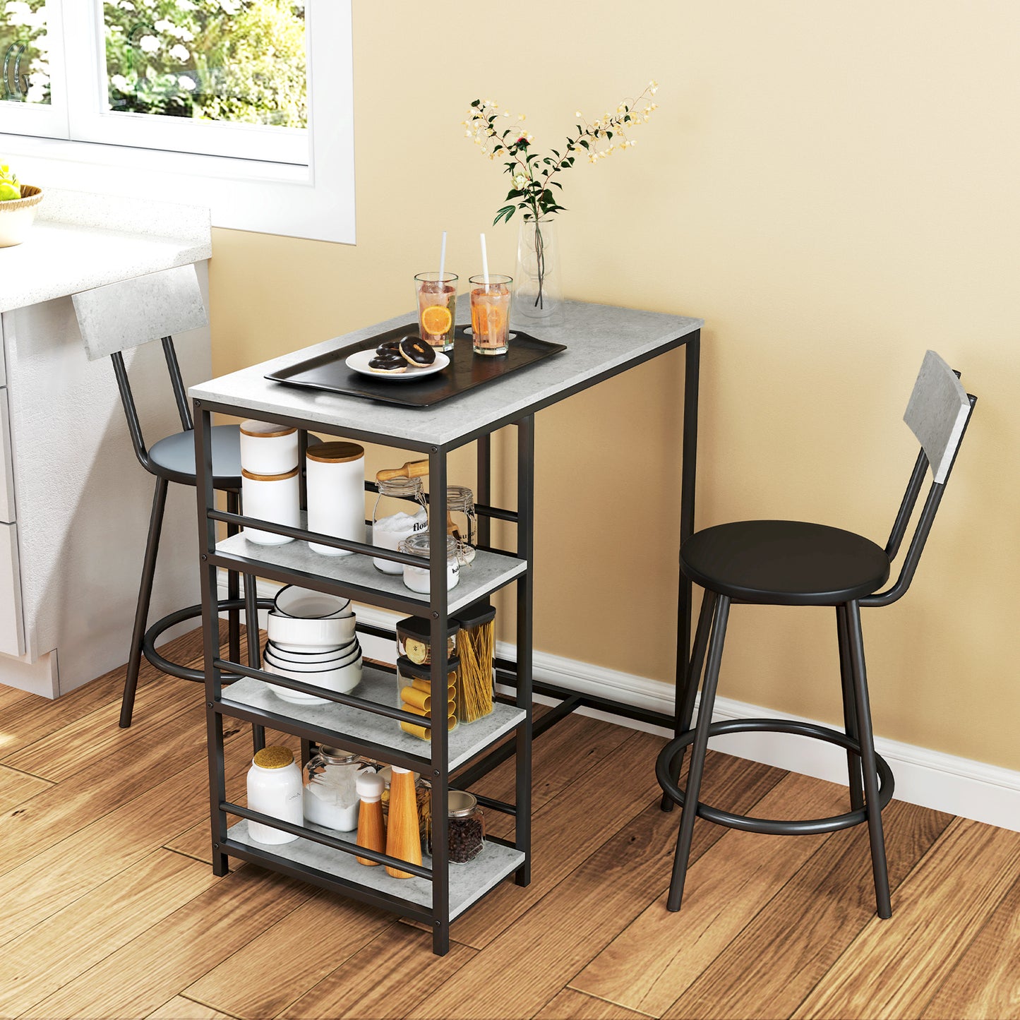 Barset – Bartafel – Barmeubel – Barstoelen – Hoge Eettafel – Lichtgrijs – Ruimtebesparend Design – Stalen Frame Met MDF Blad