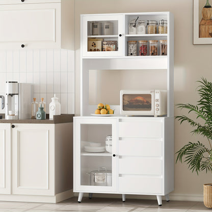 Vrijstaande Opbergkast – Keukenkast – Vitrinekast – Ladenkast – Buffetkast – MDF Hout – 3,2+ Kubieke Voet Opbergruimte – Modern Wit Met Glasdeuren