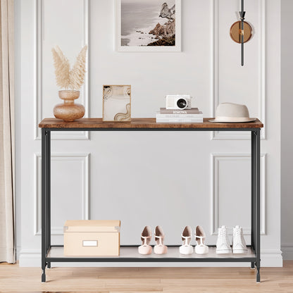 Smalle Sidetable – Smalle Tafel – Console Tafel – Haltafel – Banktafel – Rustiek Bruin – Ruimtebesparend Ontwerp – Stevig Metaal Met Glasplaat