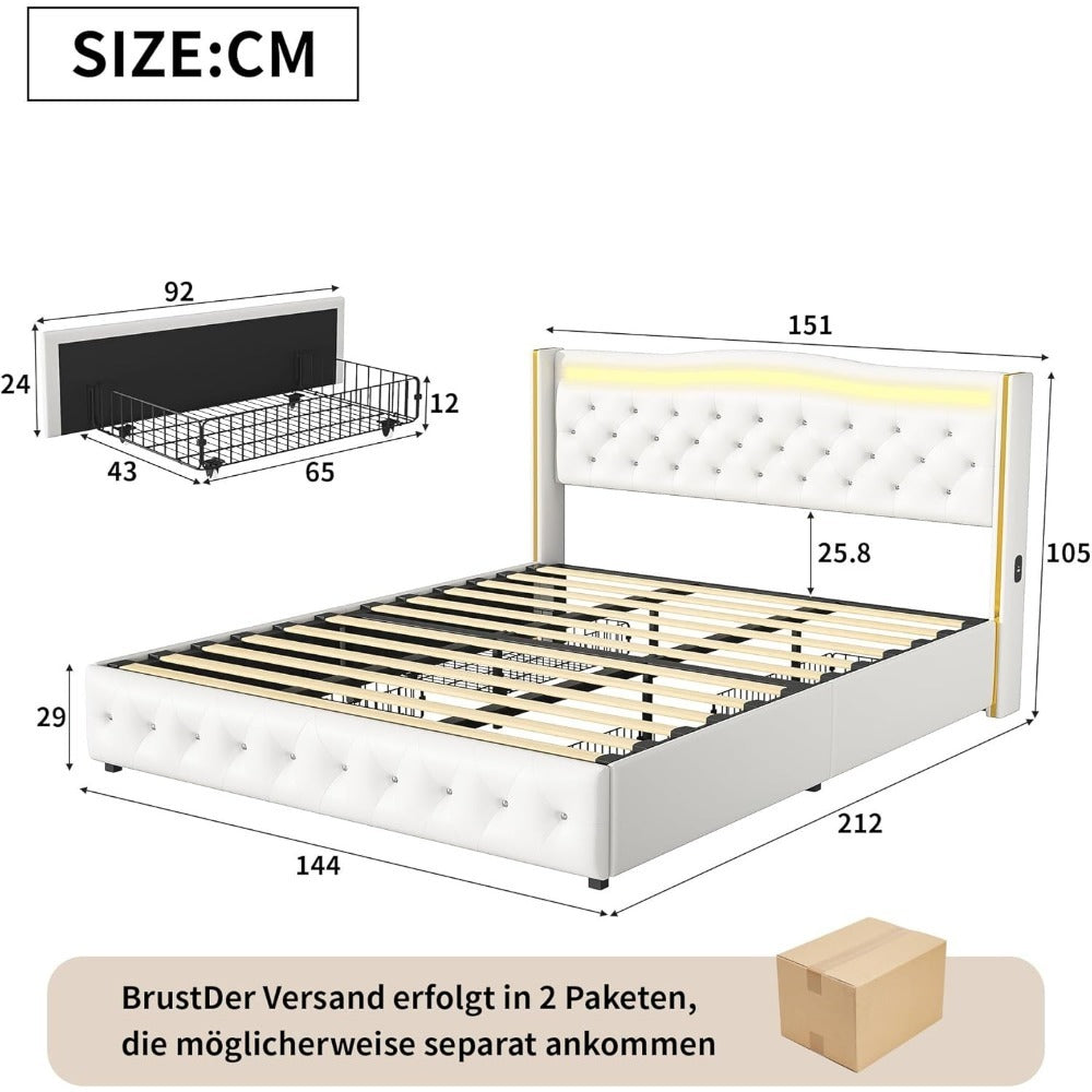 Bedkast – Tweepersoonsbed – Opbergbed – Led Bed – Ladebed – 140x200 cm – PU Leer – USB Oplaadpoorten