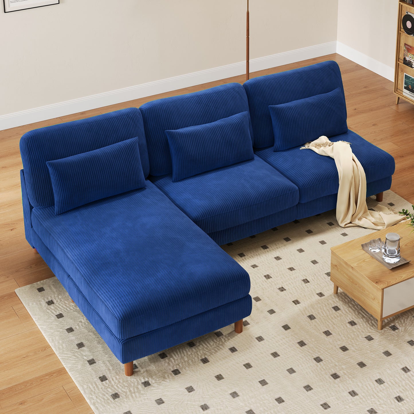 Hoekbank – Modulaire Bank – L-vormige Bank – Zitsalon – Loungeset – 256 cm Extra Lang – Ergonomisch Comfort – Corduroy Stof – Massief Houten Frame – Afneembare Wasbare Kussens