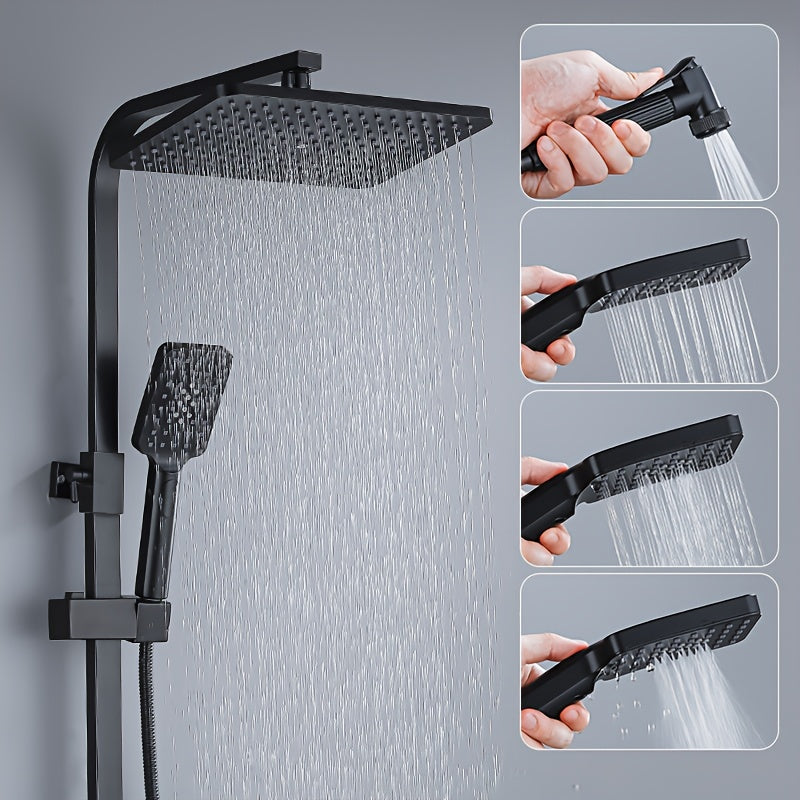 Shower System in Black with a Handheld Shower Head, Bathtub Spout, Wall-Mounted Four-Function Set, And Digital Display System.
