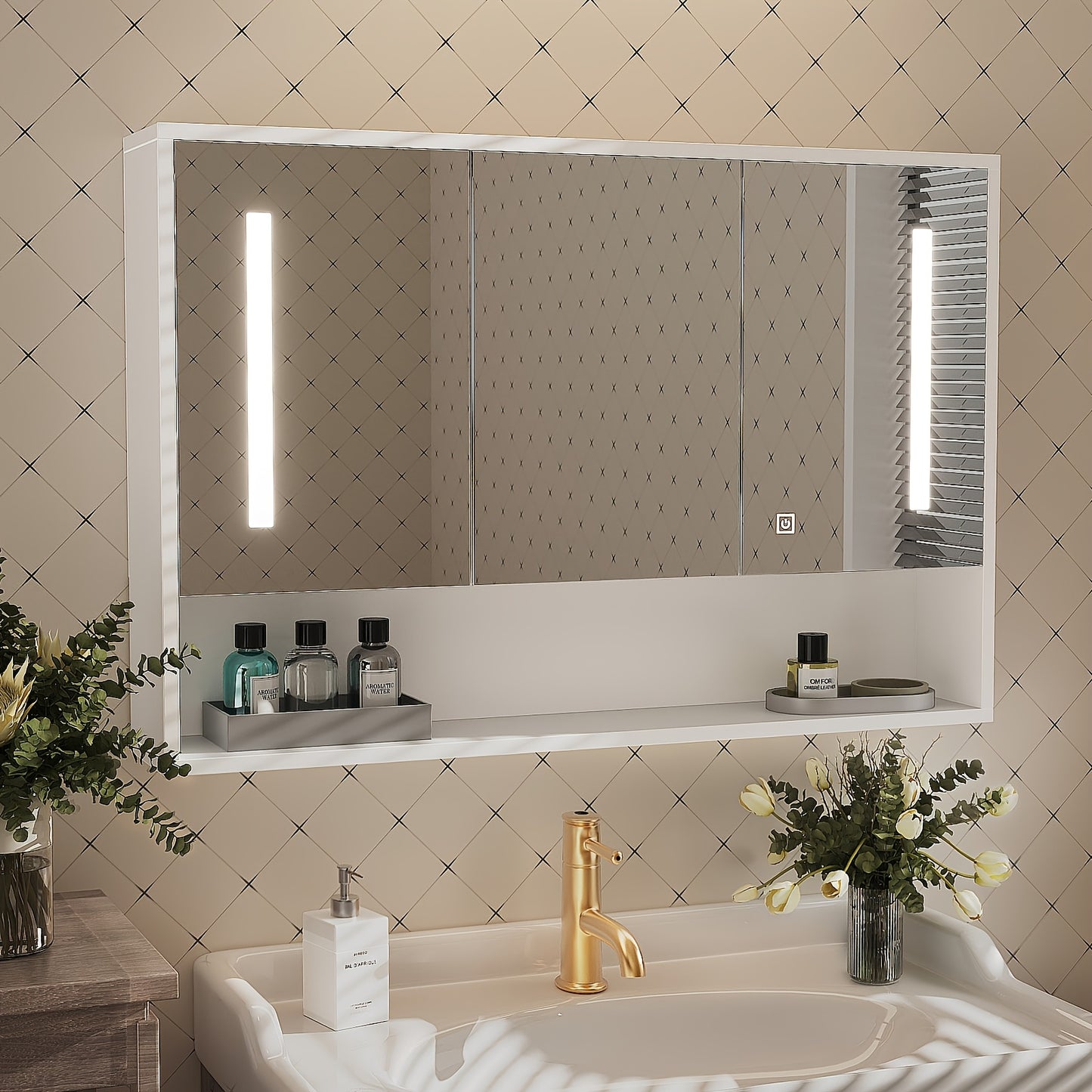 1pc Modern Wall-Mounted Wooden Medicine Cabinet with LED Touch Sensor, Polished Finish, USB Powered, 36V or Lower, 3-Door Storage Mirror for Bathroom and Shower Room