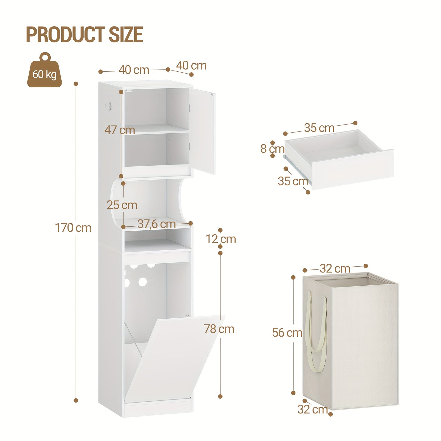 Tall White Bathroom Cabinet with Laundry Basket - Space-Saving Narrow Storage Unit, Adjustable Shelves & Sliding Doors/Drawer, Freestanding Cabinet for Small Bathrooms, -like Material, Removable Dirt-Resistant Laundry Bag (17 - QUORE