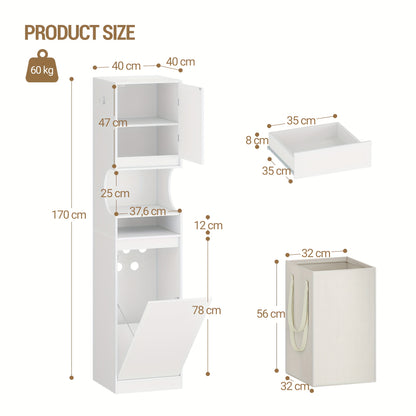 Tall White Bathroom Cabinet with Laundry Basket - Space-Saving Narrow Storage Unit, Adjustable Shelves & Sliding Doors/Drawer, Freestanding Cabinet for Small Bathrooms, -like Material, Removable Dirt-Resistant Laundry Bag (17 - QUORE