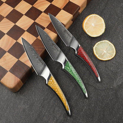 Santokumes – Koksmes – Officemes – Keukenmes – Santoku Knife – VG10 Damascus Staal – Ergonomisch Resine Handvat – 3-Delige Set