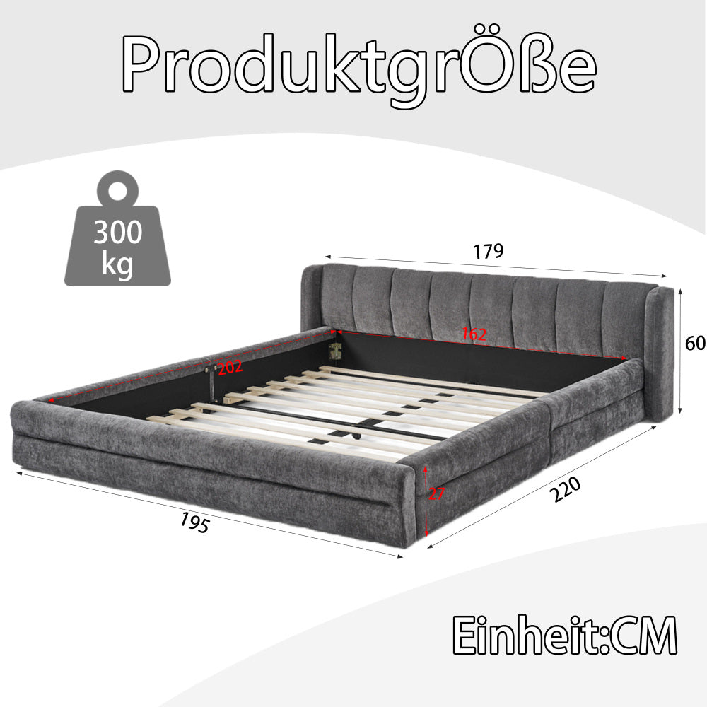 Double bed 160×200cm, chenille fabric, comfortable backrest, solid eucalyptus wood and iron frame, easy to assemble, dark grey/beige (mattress not included), Day Bed With Mattress Included, King Size Bed Frame, Bunk Beds Wit