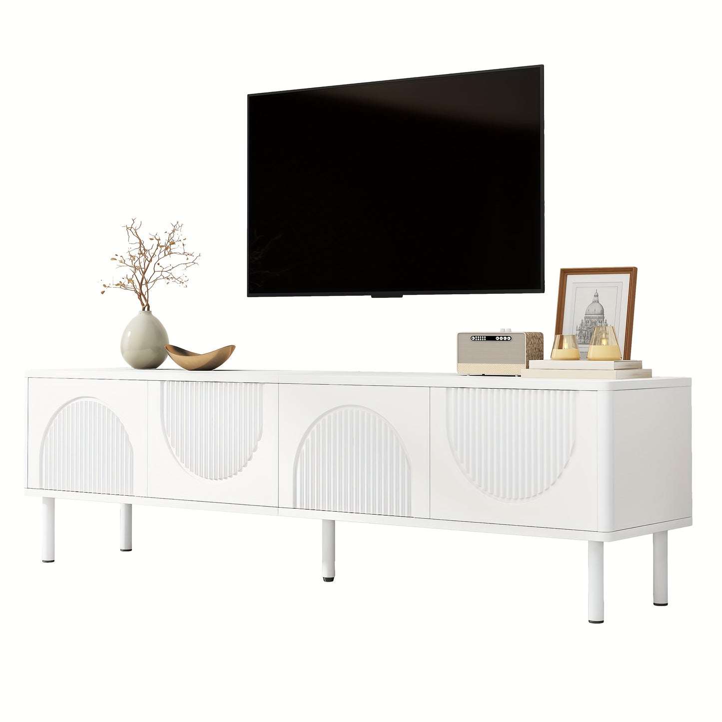 Modern TV Stand Low Profile 180.34cm Wide - Heavy-Duty Metal Construction, Cable Management System, Minimalist Media Console for Living Room, Bedroom, Home Theater - Space-Saving Design, Bedroom Storage Unit, Contemporary Des