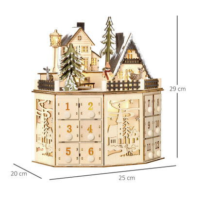 Adventskalender – Aftelkalender – Kerstkalender – Cadeaukalender – Sfeerkalender – 24 Laden – Natuurlijke Houten Afwerking met LED-Verlichting Zonder Stroomkabel