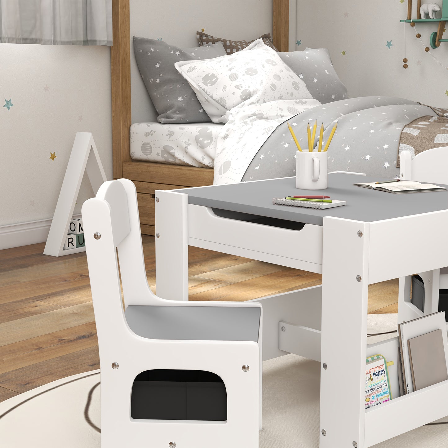 Kinderbureau Set – Kindertafel – Kindertafel Met Stoelen – Speeltafel – Tafel Met Opbergruimte – Omkeerbaar Tafelblad – Eenvoudig Schoon Te Maken – Grijs
