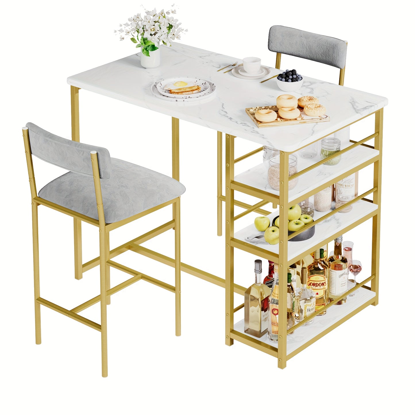 Eettafelsetje 2 Personen – Bartafel Set – Barkrukken Gestoffeerd – Keukentafel Compact – Appartement Meubilair – Opbergruimte 3 Planken – Metaal MDF Coating