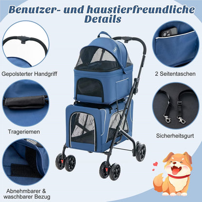 Hondenbuggy – Huisdierenwagen – Wandelwagen – Dierenbuggy – Transportbox – 3-in-1 Opvouwbaar – Oxford Stof & Metaal – Tot 16 kg – Ventilatie Gaasvensters & Opbergvakken – Blauw