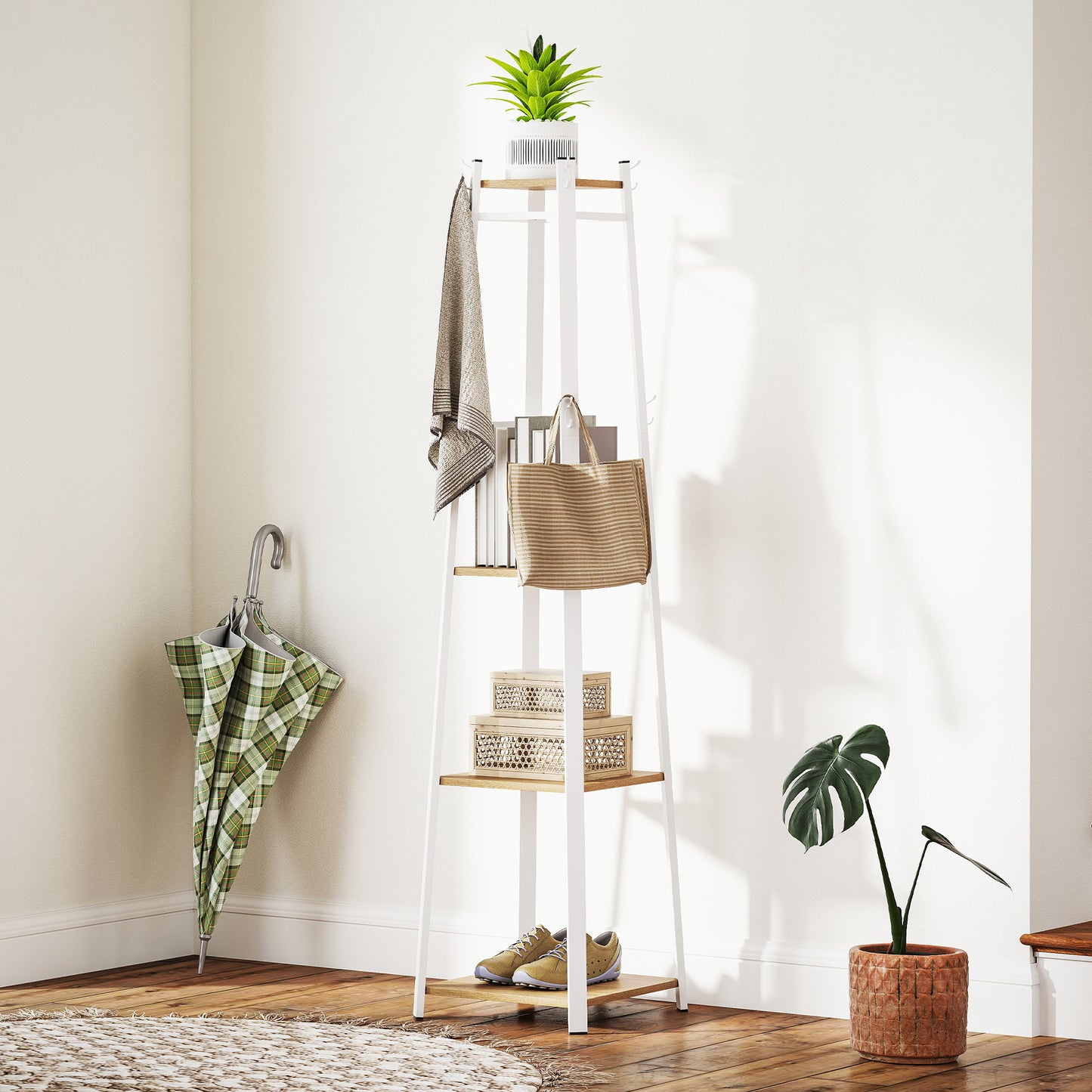 Kapstok – Kledingrek – Garderoberek – Jashenrek – Opberger – Trapeziumvormig Design – 8 Dubbele Haken – 3 Legplanken – Staal Wit Met Eikenkleur
