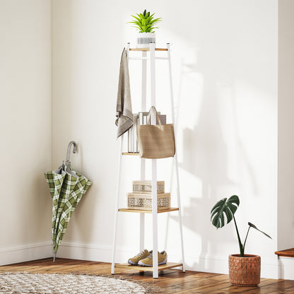 Kapstok – Kledingrek – Garderoberek – Jashenrek – Opberger – Trapeziumvormig Design – 8 Dubbele Haken – 3 Legplanken – Staal Wit Met Eikenkleur