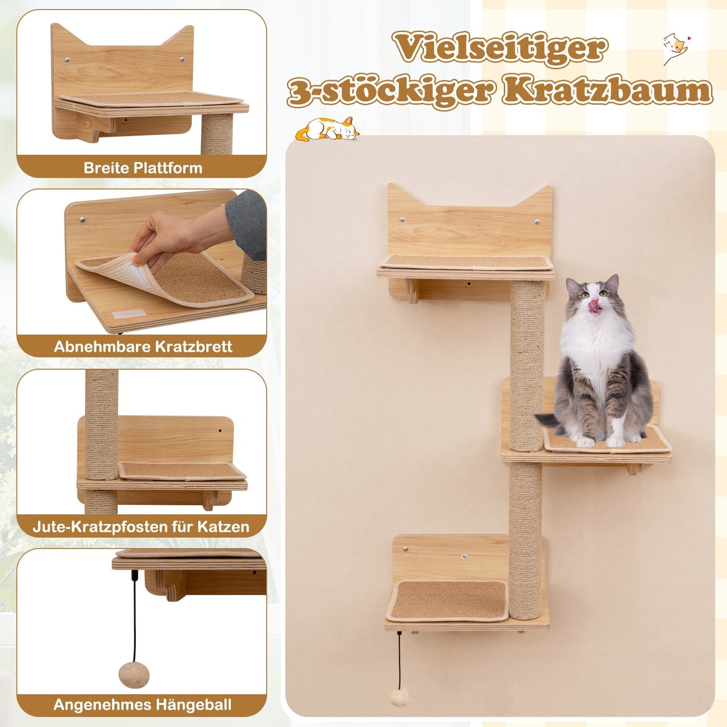 Wandmontage Kattenmeubelset – Kattenkrabpaal – Kattenboom – Kattenhuisje – Kattenhangmat – Modulaire Opbouw – Duurzaam Multiplex & Jute – Inclusief Voederplateau met Roestvrijstalen Bakken