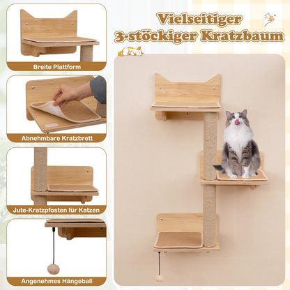 Wandmontage Kattenmeubelset – Kattenkrabpaal – Kattenboom – Kattenhuisje – Kattenhangmat – Modulaire Opbouw – Duurzaam Multiplex & Jute – Inclusief Voederplateau met Roestvrijstalen Bakken
