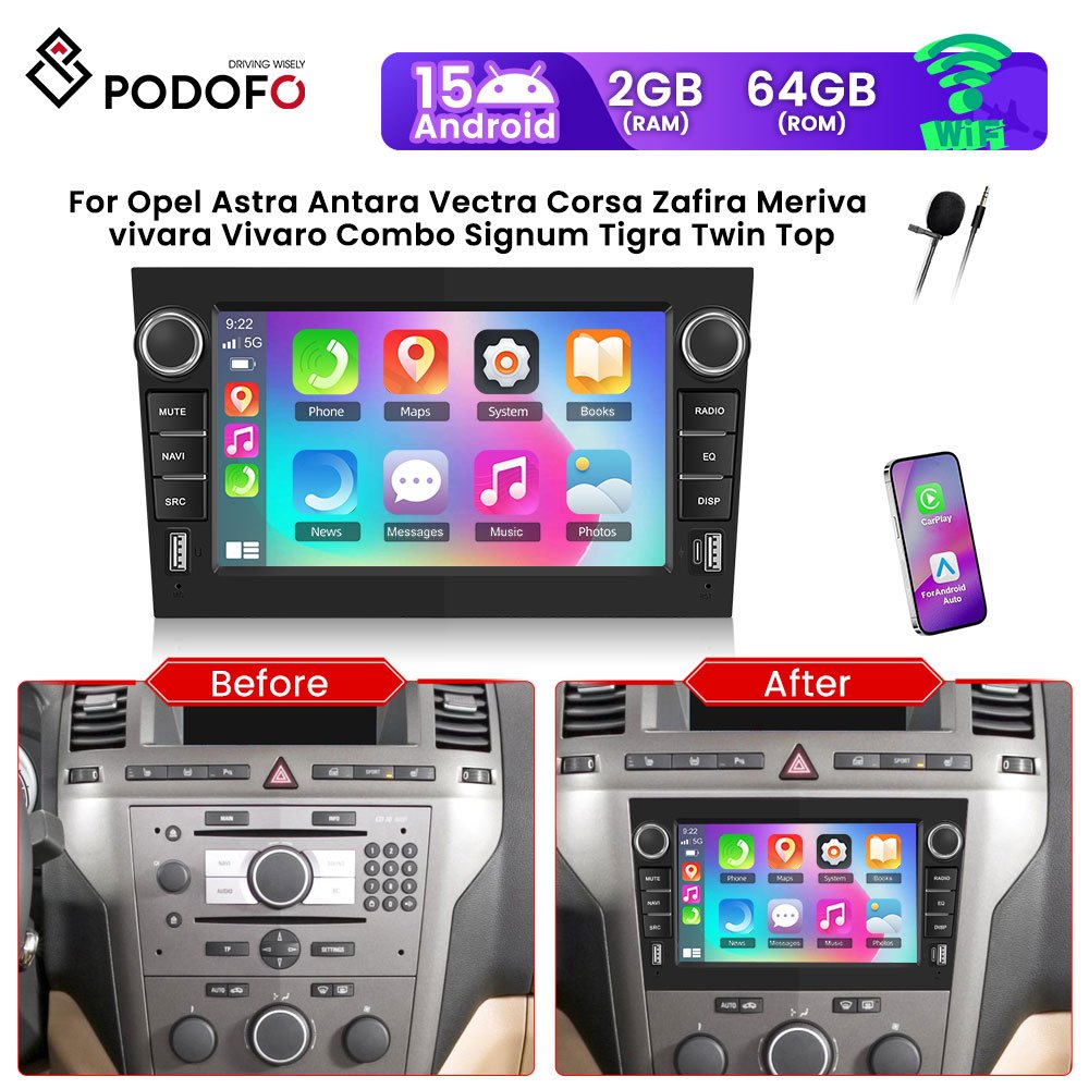 android autoradio – carplay autoradio – android auto radio – multimedia autoradio – 7 inch touchscreen – Android 15 OS – 2GB+64GB – draadloos CarPlay & Android Auto – GPS navigatie – Bluetooth 5.0 – WiFi – FM radio – Mirror Link – microfoon inbegrepen