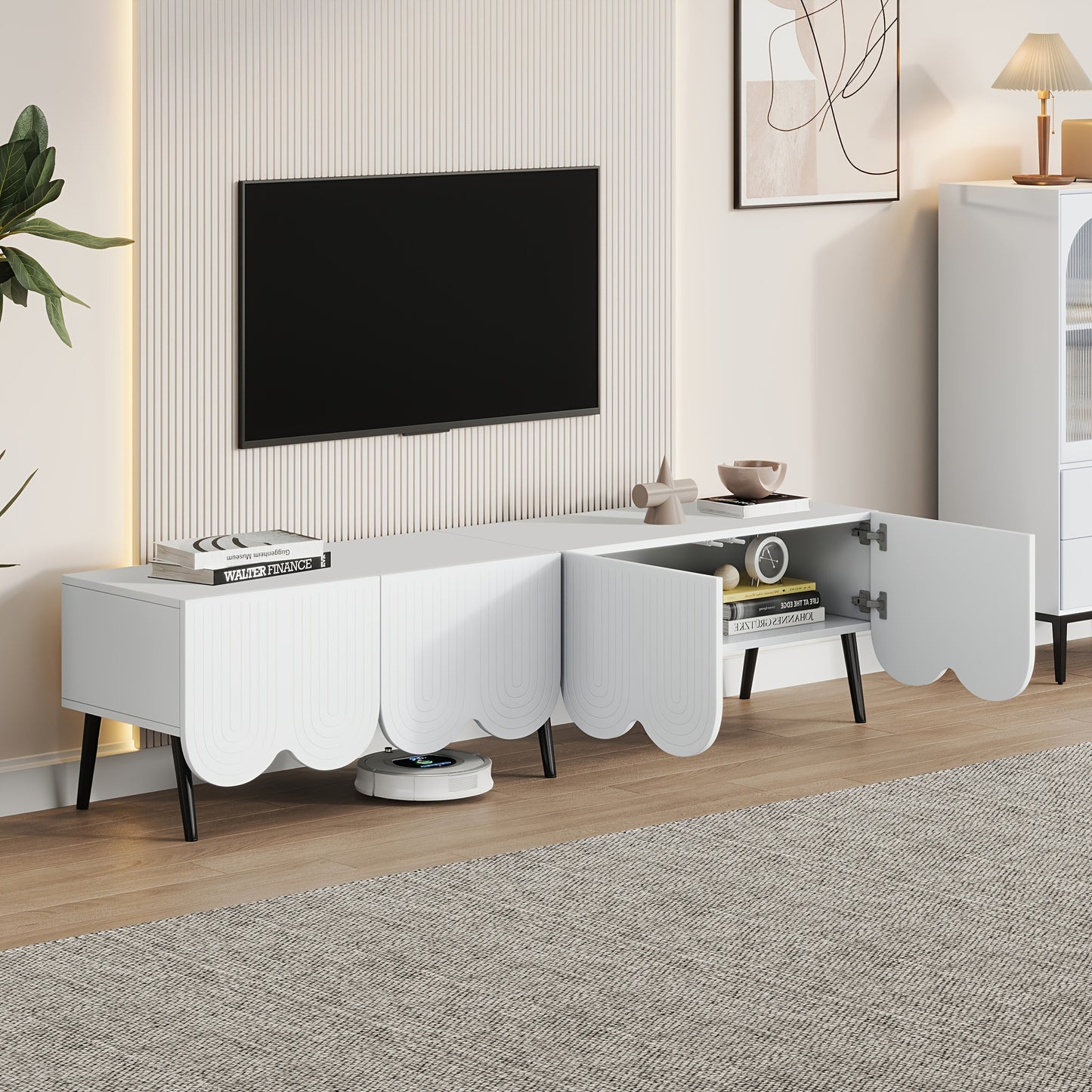 TV Meubel – Tv Kast – Tv Dressoir – Tv Stand – Media Meubel – Wit – Uniek Design – Kabelbeheer – Geschikt Voor Tv Tot 203,2 cm