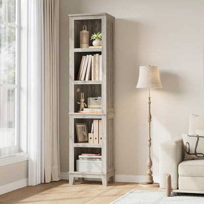 5-Tier Farmhouse Bookcase with Open Storage Shelves - Freestanding Space-Saving Vertical Bookshelf, Modern Rustic Tall Bookcase Tower with Sturdy Hardwood Construction, Gray Finish & Natural Wood Grain for Living Room, Home O