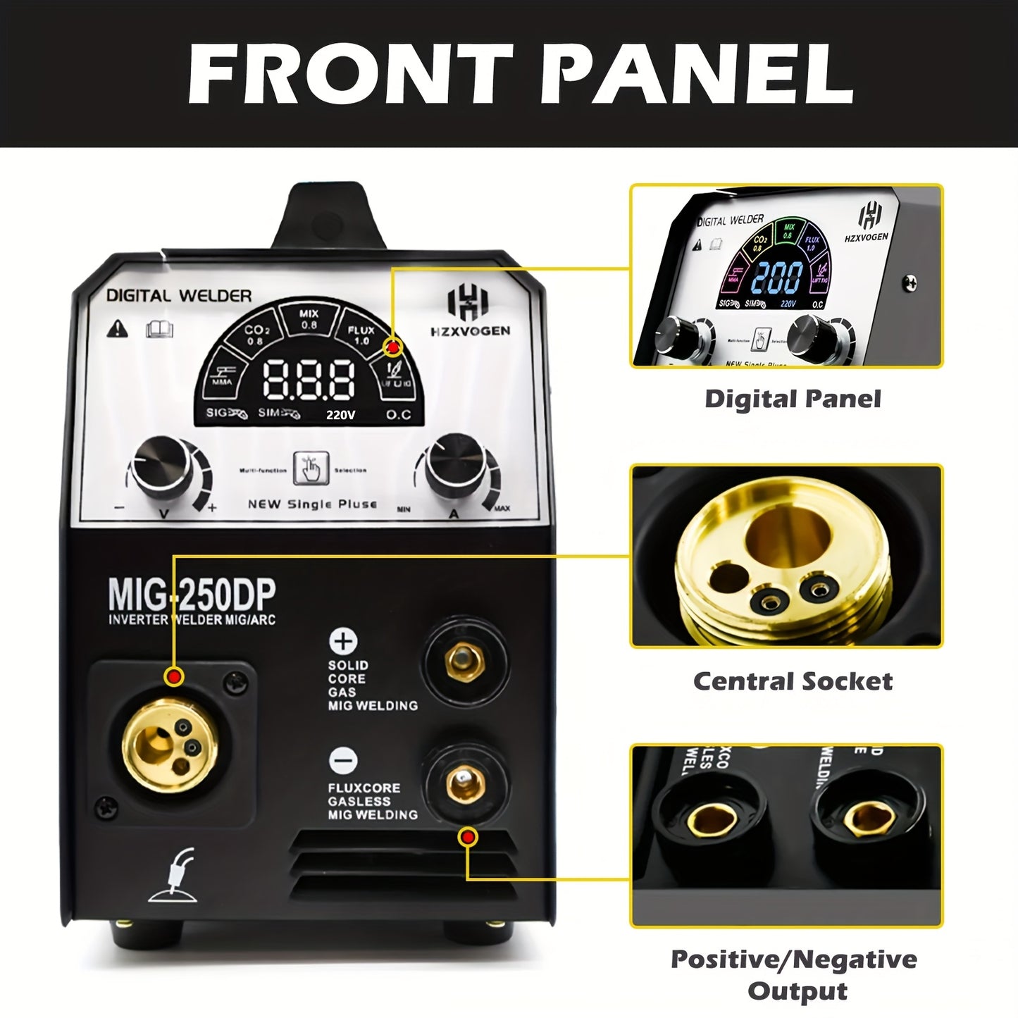 Multi-functional welding machine HITBOX MIG, 5-in-1 welding machine 250 A with MIG gas/MIG gasless/MMA/LIFT TIG for aluminum welding, MIG MAG welder, MIG250DP