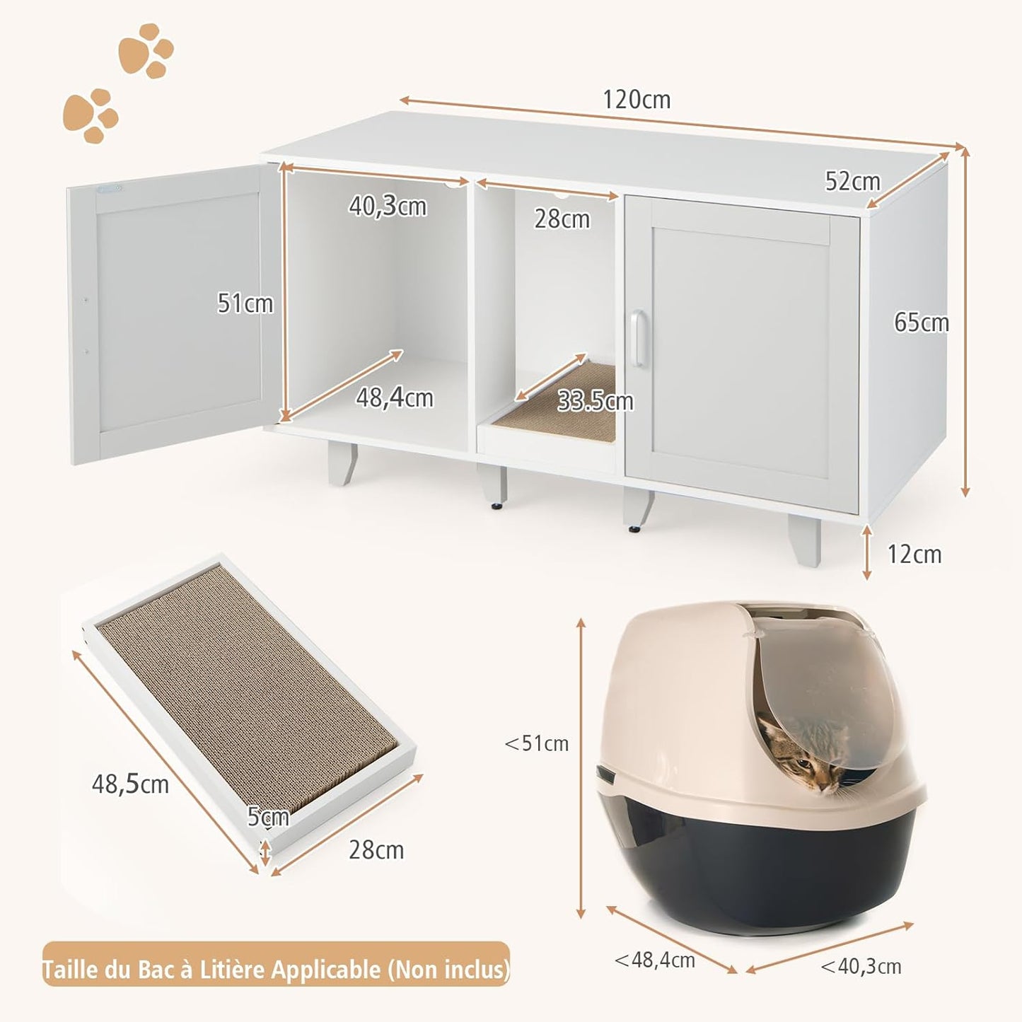 Kattenbakkast – Kattenbakmeubel – Kattenbakkast – Kattenbakopbergkast – Kattenbakverhoger – Witte kast met winding entry – Ingebouwd krabbord en afneembare houten poten