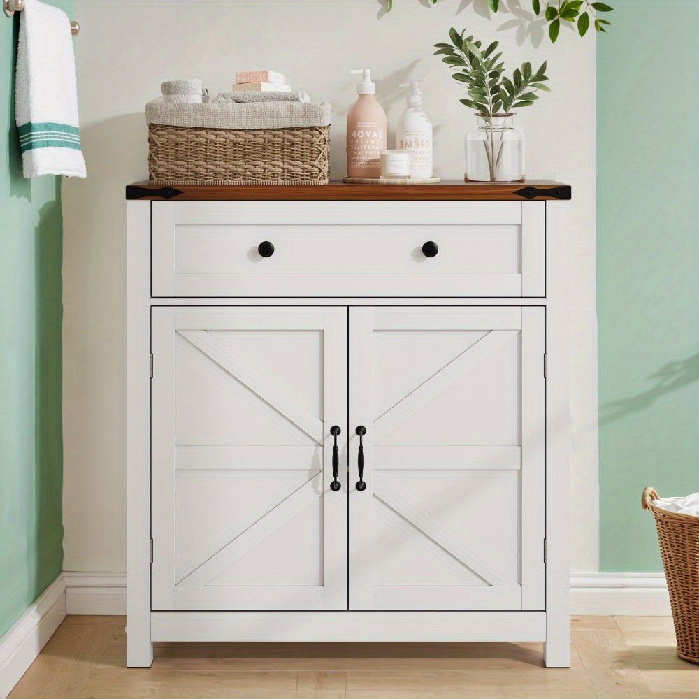 Cabinets with drawers and adjustable shelves, white kitchen cabinets with walnut countertops, modern coffee bar-style storage cabinets, suitable for kitchens, dining rooms, bathrooms and entrance areas.