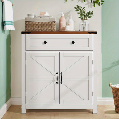 Cabinets with drawers and adjustable shelves, white kitchen cabinets with walnut countertops, modern coffee bar-style storage cabinets, suitable for kitchens, dining rooms, bathrooms and entrance areas.