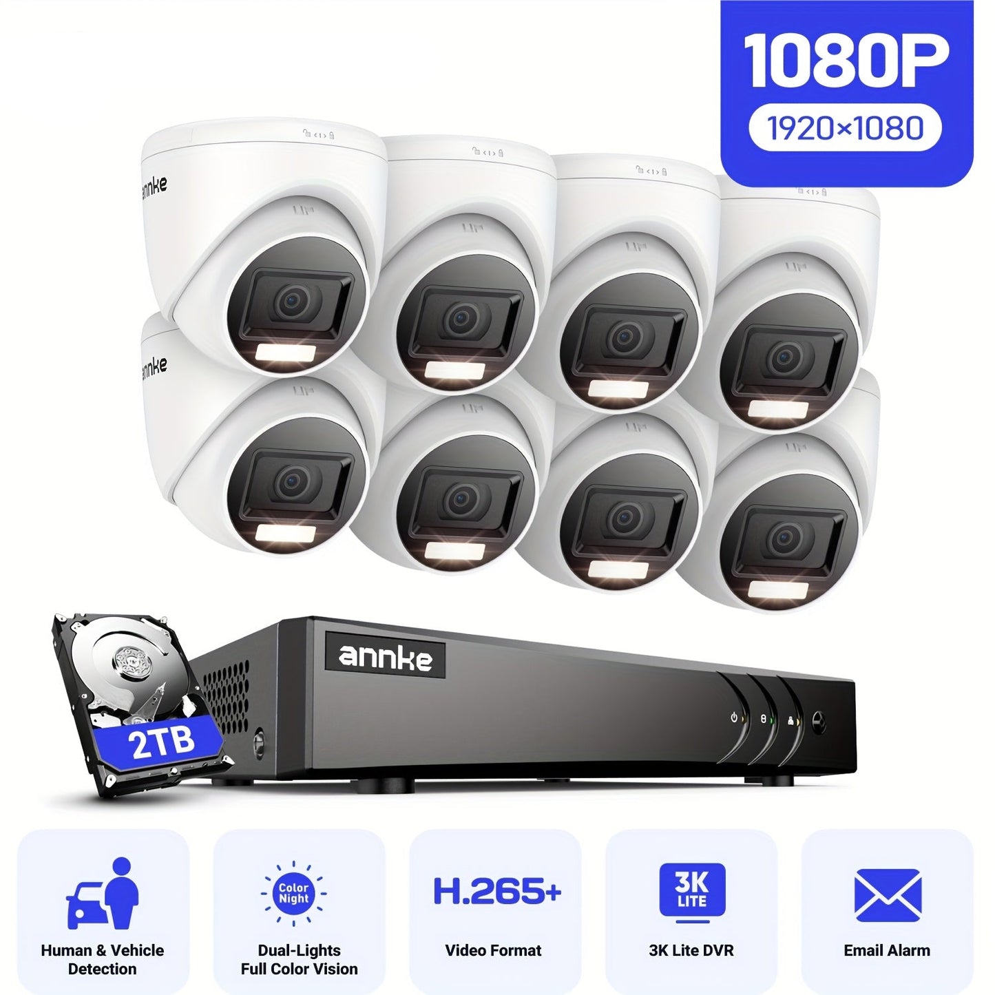 Beveiligingscamera set – Camerabewaking – Beveiligingscamera’s – CCTV Systeem – Bewakingscamera – 8-Kanaals 1080p HD – Human/Vehicle Detectie met Nachtzicht 30m