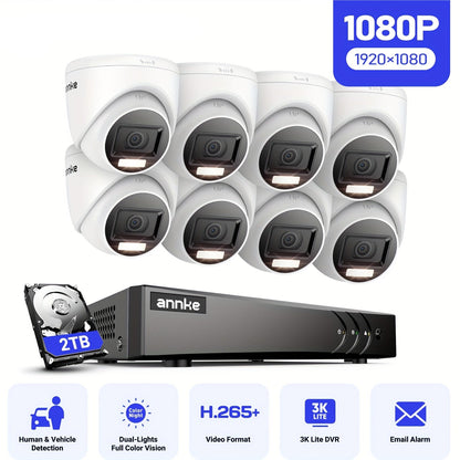 Beveiligingscamera set – Camerabewaking – Beveiligingscamera’s – CCTV Systeem – Bewakingscamera – 8-Kanaals 1080p HD – Human/Vehicle Detectie met Nachtzicht 30m