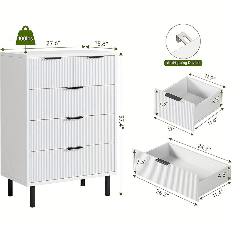 Wave Fluted 5-Drawer Dresser - Modern Wood Chest of Drawers with Wide Drawers, Anti-Tipping Device & Metal Legs, White & Black, 68.58cm Height, 3, 2 Cu Ft Storage, Perfect for Bedroom, Hallway, Entryway, Dresser for Bedroom,