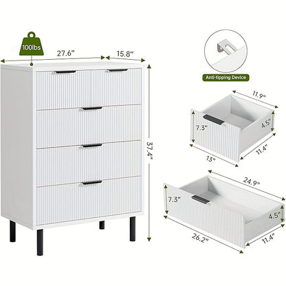 Wave Fluted 5-Drawer Dresser - Modern Wood Chest of Drawers with Wide Drawers, Anti-Tipping Device & Metal Legs, White & Black, 68.58cm Height, 3, 2 Cu Ft Storage, Perfect for Bedroom, Hallway, Entryway, Dresser for Bedroom,