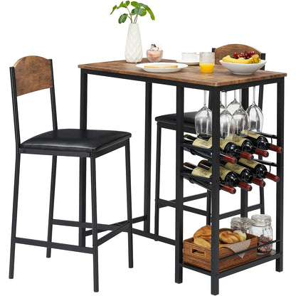 Bar Table Set – Barkrukset – Eettafelset – Keukentafel Met Stoelen – Bistroset Grijs – Met Wijnrek En Opberglade – Compact Ontwerp Voor Kleine Ruimtes