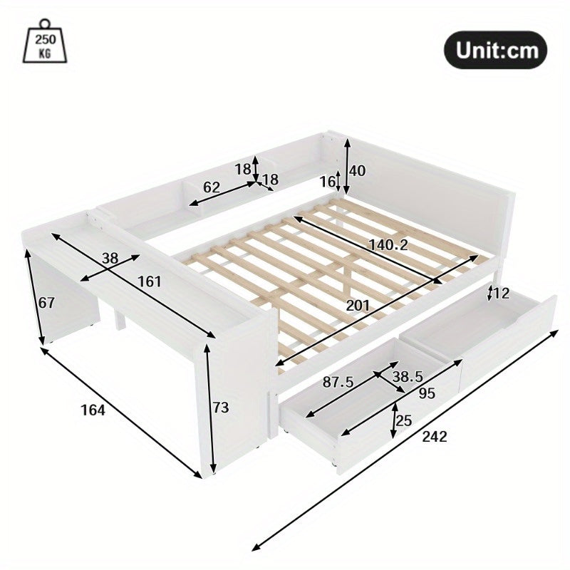Bedframe – Platformbed – Slaapbank – Opbergbed – Werkplekbed – Met Ingebouwd Bureau – Ruime Laden – Ruimtebesparend – Hoogwaardige Kunststof & Metaal – Kingsize – Gemakkelijk te Monteren