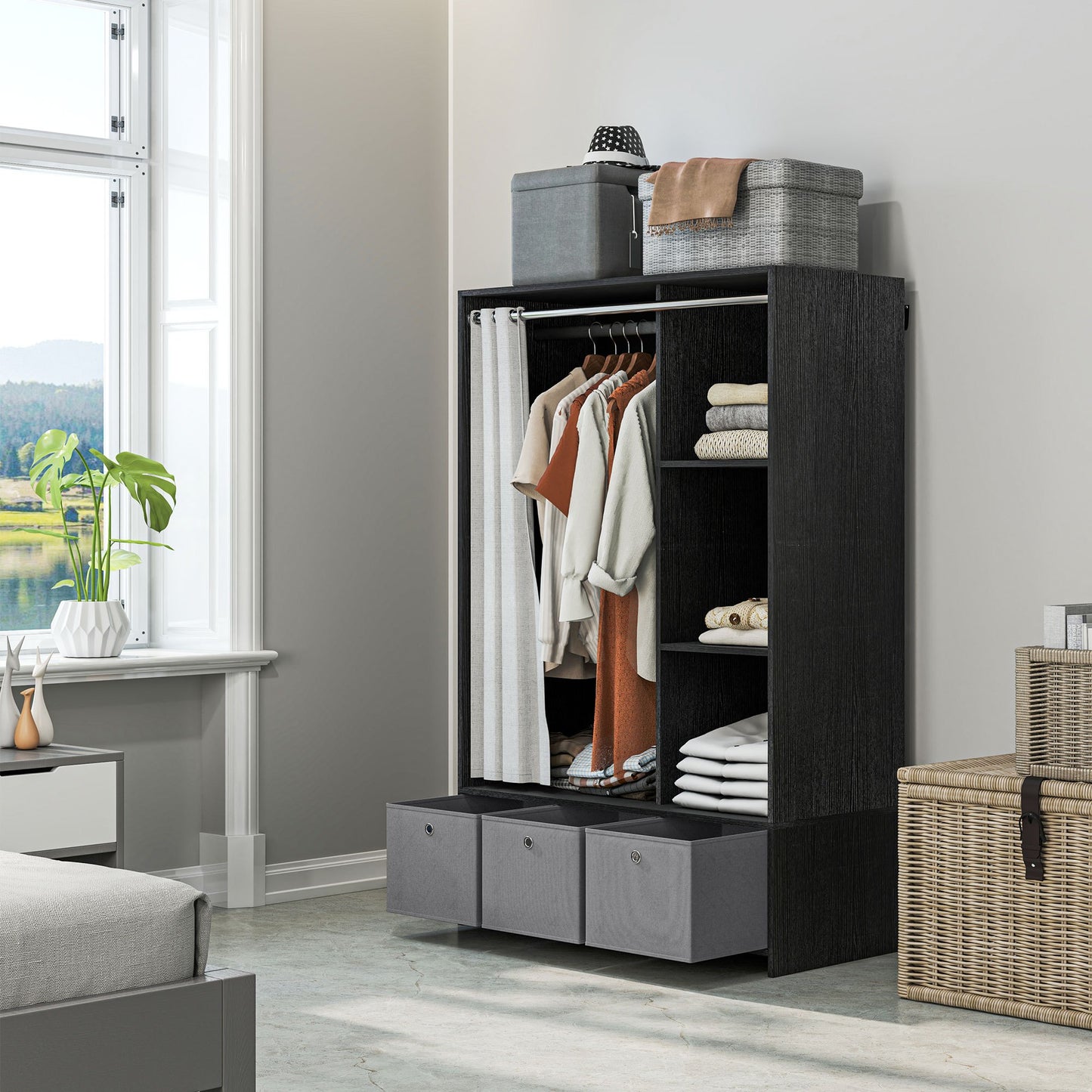 Kledingkast – Kast – Garderobekast – Kledingopslag – Slaapkamerkast – Met Gordijn – 117,5 cm Kledingroede – 3 Uitneembare Stoffen Lades – Zwarte Houtlook – 105x48x160 cm