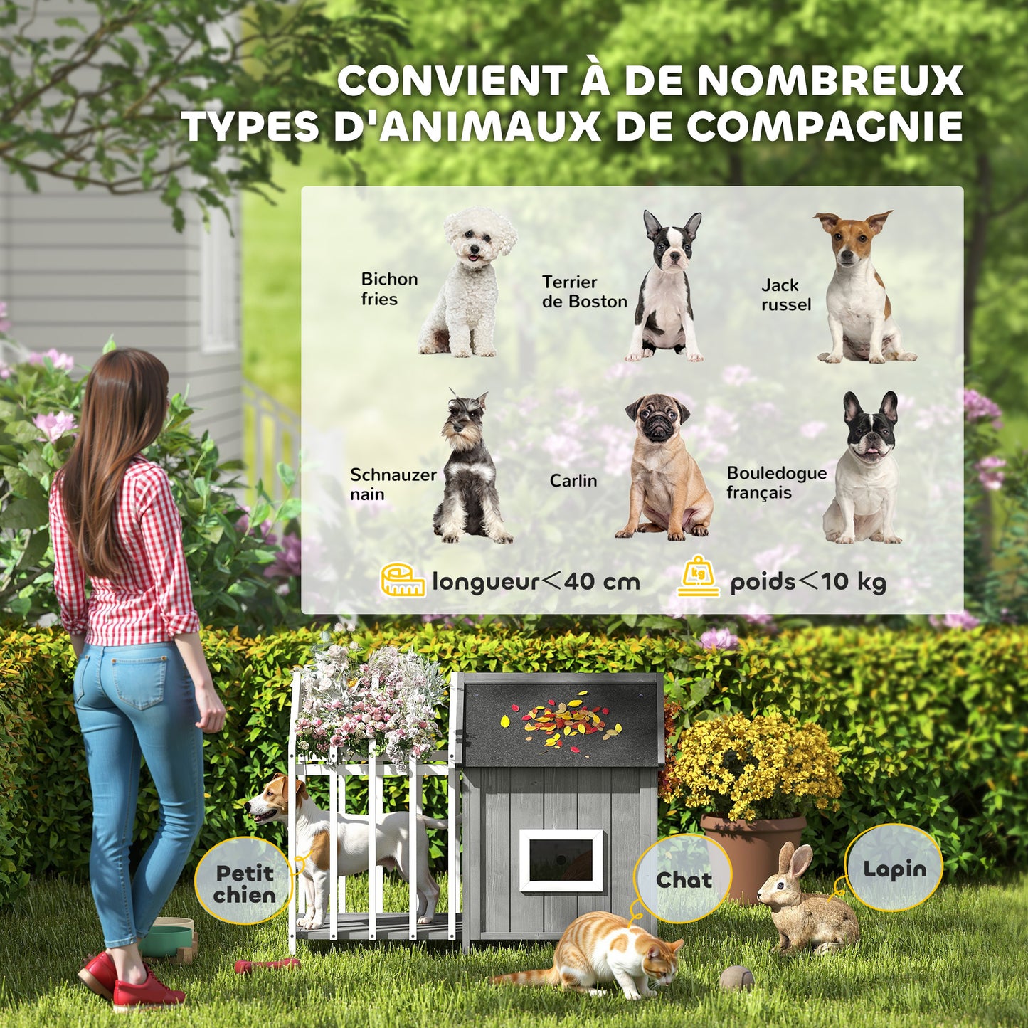 PawHut Outdoor Wooden Dog House with Terrace and Fence, Slatted Door, and Pointed Bitumen Roof, for Garden, Yard, Veranda, Patio, 106 x 62.5 x 80.5 cm, Gray