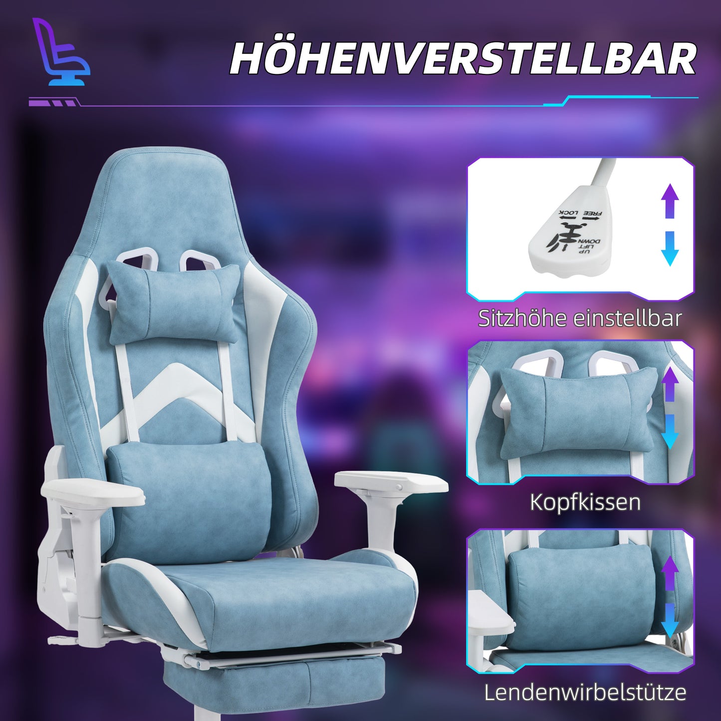 Gamingstoel – Gamestoel – Gaming Chair – Game Stoel – Bureaustoel – Ergonomisch – Verstelbaar – Kunstleer – Met Voetsteun – 150° Kantelbaar – Blauw – 360° Draaibaar – Armleuningen Verstelbaar