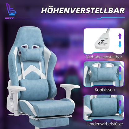 Gamingstoel – Gamestoel – Gaming Chair – Game Stoel – Bureaustoel – Ergonomisch – Verstelbaar – Kunstleer – Met Voetsteun – 150° Kantelbaar – Blauw – 360° Draaibaar – Armleuningen Verstelbaar