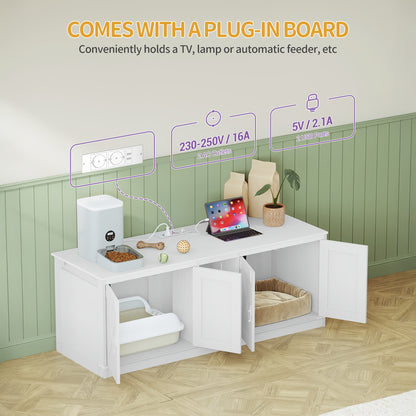 Kattenhuis – Kattenmeubel – Kattenkast – Kattenbakmeubel – Verstopte kattenbak – 140 cm Groot – Met USB Poorten en Stopcontacten – Wit