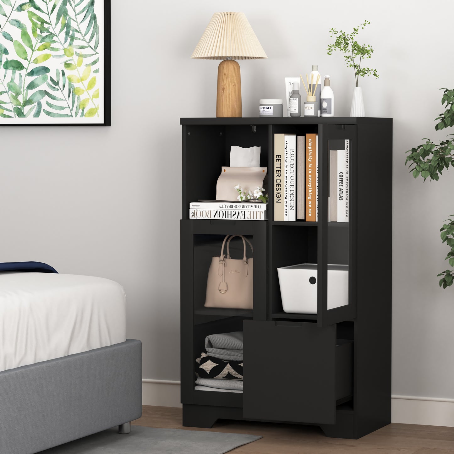 Kast – Opbergkast – Ladekast – Boekenkast – Opbergmeubel – Zwart Metalen Kast Met Glazen Deuren – Compact En Ruimtebesparend Design (<68,6 cm Hoog)