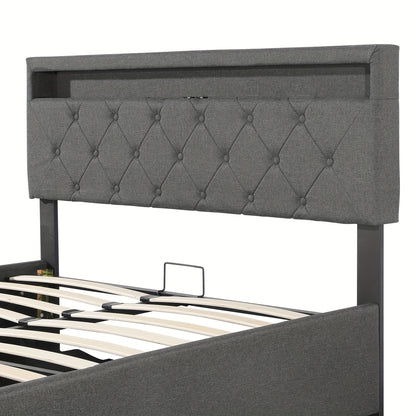Bed – Tweepersoonsbed – Slaapbank – Ledikant – Boxspring – 160x200 cm – Hydraulische Opbergruimte – Hoofdbord Met LED-Verlichting En Oplaadstation
